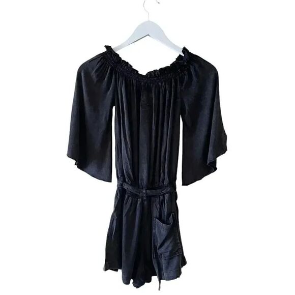 Chaser Black Short Romper Drawstring Elastic Waist Boho Minimalist Dress M - Picture 7 of 10